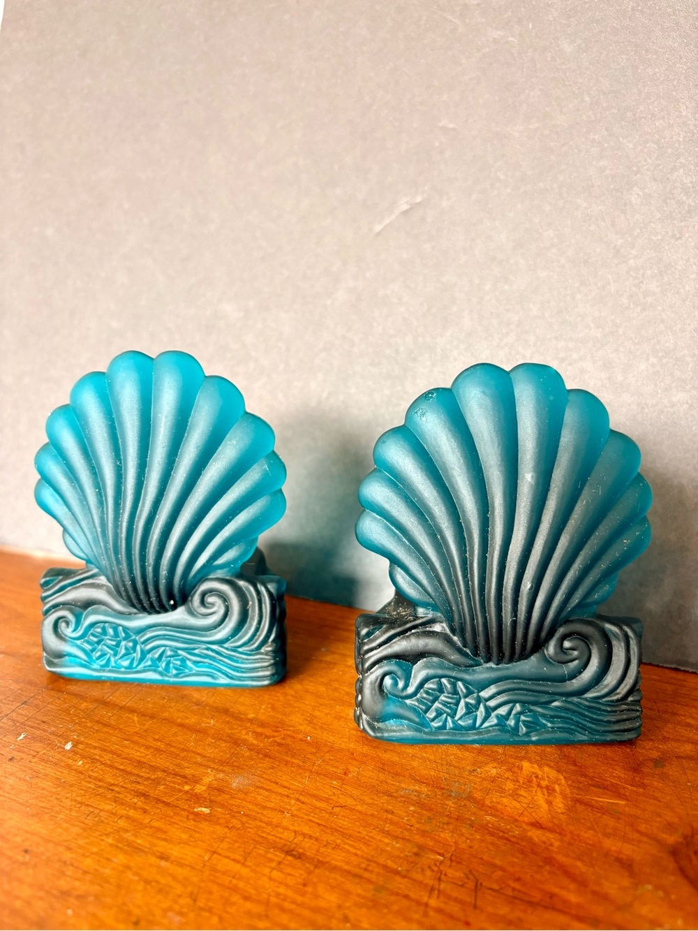 Vintage Anchor Hocking Teal Glass Votive Holders- Scrolled Seashells